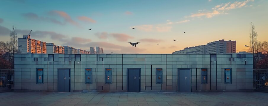 A flying drone delivery from warehouse located throughout a metropolitan area