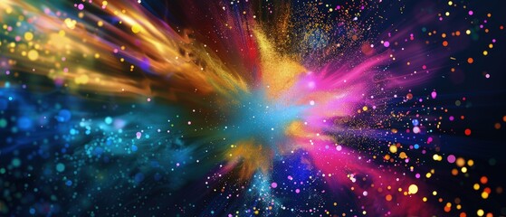 A dynamic, abstract background of particles bursting outward in a vivid array of colors, conveying energy and innovation