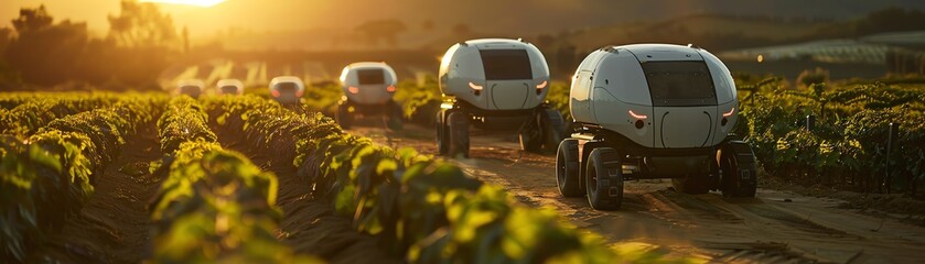 A futuristic farm with autonomous vehicles transporting harvested crops to processing facilities planting