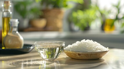 Photorealistic harmony of water, rice, and oil for Thai cuisine (selective focus, culinary balance, realistic, overlay) with a clean kitchen backdrop