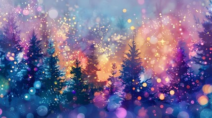 Abstract painting of a forest with colorful lights and bokeh