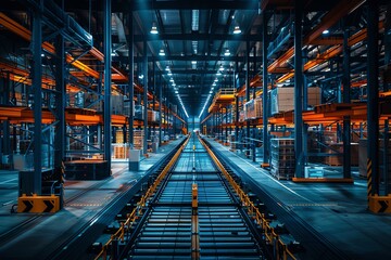 A hightech fulfillment center with AI managing the flow of inventory through a series of automated systems