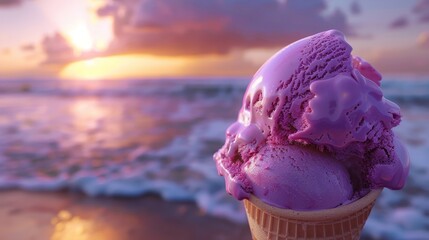 Redpurple ice cream in all its creamy glory, offering an exquisite taste close up, summer treat, futuristic, blend mode against a sunset beach backdrop