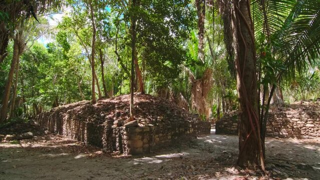 Chacchoben, Mexico. Ruins of market stalls and the passages between them