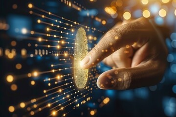 Hand interacting with digital hologram, illustrating advanced technology and data protection in a golden-themed setting.
