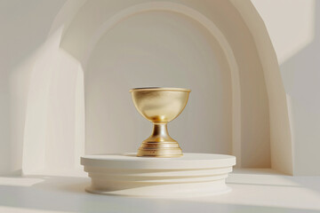 Elegant golden trophy placed on a pedestal with soft shadows, symbolizing achievement and success