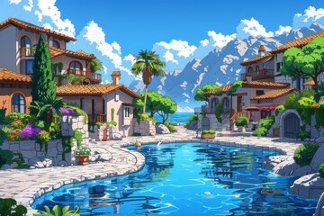 Beautiful Mediterranean Village With Clear Blue Pool on a Sunny Day