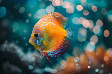 Serene discus fish (symphysodon aequifasciatus) with lovely color patterns in aquarium
