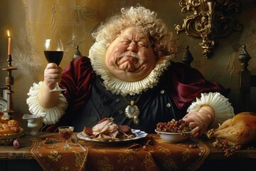 Lavish Medieval Feast Celebration With Merry Nobleman Raising Wine Glass In Evening Candlelight