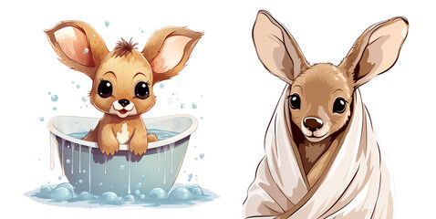 Fototapeta premium Adorable illustration of a baby kangaroo in a bathtub and wrapped in a towel, capturing a playful and heartwarming moment.