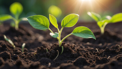 World environment day, A vibrant green seedling with multiple leaves growing in rich, dark soil, illuminated by warm sunlight in a blurred background
