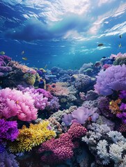 Naklejka premium A stunning underwater shot of colorful coral reefs teeming with marine life, highlighting the beauty of the ocean