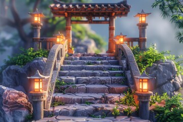 Serene Early Morning in a Japanese Garden With Illuminated Stone Steps