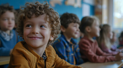 Fototapeta premium Fun with Languages, Joyful Children in a Welcoming Classroom