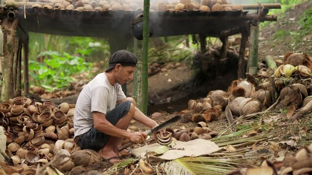 Asian farmer cutting coconut kernels with a machete in a traditional setting, with a drying rack smoking in the background, rural agricultural lifestyle