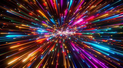 Multicolored beams of light, radial pattern, dark background