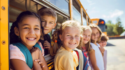 Joyful Journeys, Cheerful Children Gather by the School Bus
