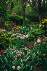 A vibrant spring garden in full bloom with a variety of flowers and lush greenery, capturing the beauty of nature