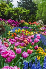 A vibrant spring garden in full bloom with a variety of flowers and lush greenery, capturing the beauty of nature