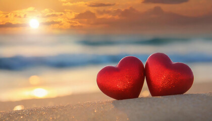 Fototapeta premium Two red hearts on the summer beach at sunset. Honey moon, Love, Wedding and Valentines day concept