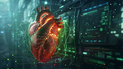 Detailed illustration of a human heart in a high-tech environment, symbolizing medical advancements