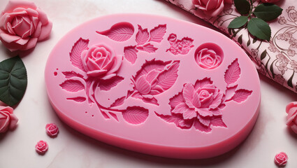Obraz na płótnie Canvas A pink silicone mold with various rose and leaf designs, and several small pink silicone roses scattered around it.