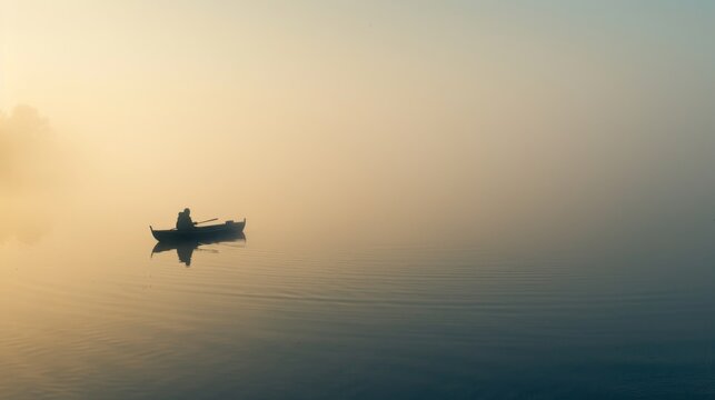 A tranquil scene of a fisherman in a small boat on a misty lake at dawn, embodying calmness and patience