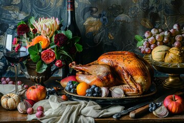 Elegant Thanksgiving Feast Display With Roast Turkey and Fresh Fruits in a Rustic Setting