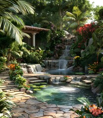 Waterfall in a tropical garden