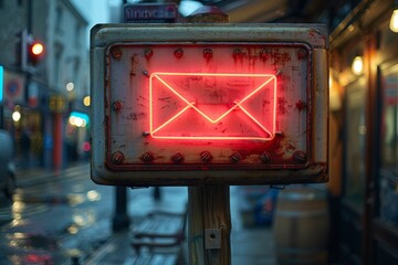 Neon Envelope Sign on a Rainy Evening in a Busy Urban Street