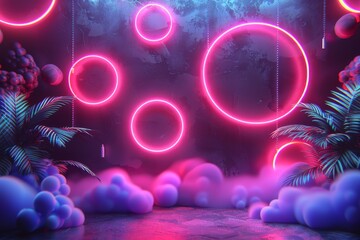 Vibrant Neon Bubbles Illuminate Tropical Indoor Space at Night