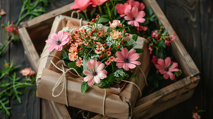A box of flowers with a variety of colors. The flowers are arranged in a way that creates a sense of harmony and balance
