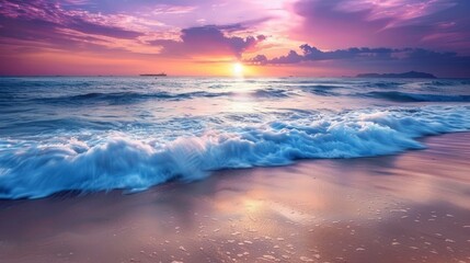 A tranquil beach sunset with soft waves and a colorful sky, capturing the serene beauty of the evening