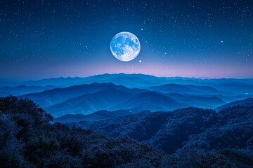 Bright Full Moon Over Majestic Blue Mountains at Nighttime