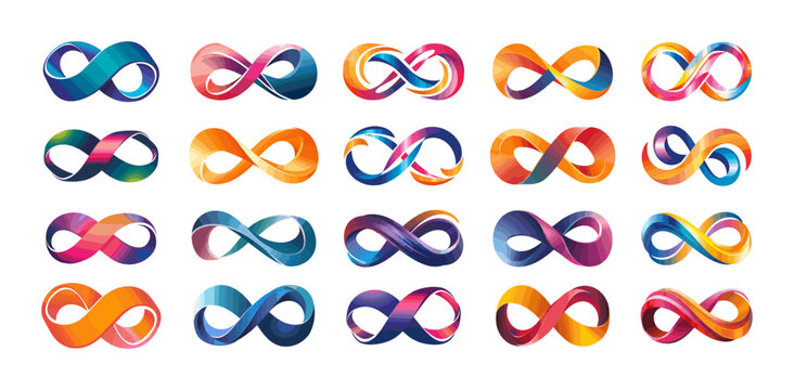 Infinity logo cartoon style vector set. Endless no limit eternal unlimited cyclical repetition symbol isolated on white background