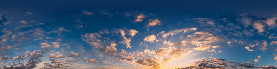 Sunset sky with bright glowing pink Cirrus clouds. Seamless spherical HDR 360 panorama. Full zenith or sky dome in 3D, sky replacement for aerial drone panoramas. Climate and weather change.