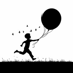 Whimsical Escape: A Child’s Silhouette Racing with a Balloon, Surreal Birds Taking Flight in a Black-and-White Dreamscape