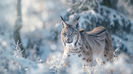 A beautiful lynx is seen standing majestically in the snowy woods