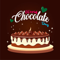 World Chocolate Day banner or greeting card, with beautiful typography and pudding cake with brownish nuances