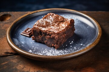 Tempting brownie on a rustic plate against a galvanized steel background