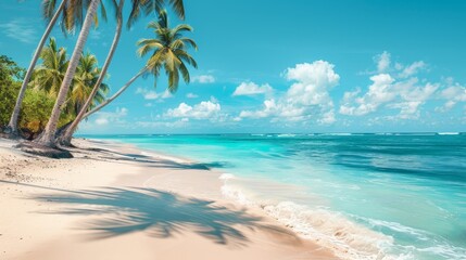 Fototapeta premium A tranquil beach scene with palm trees swaying in the breeze and turquoise waters, perfect for tropical vacation themes