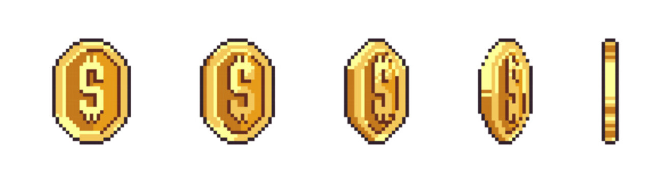 Dollar coin pixel set. Golden pixelated coins.