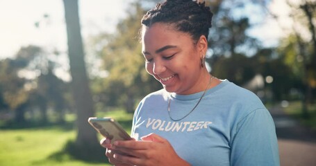 Volunteer, woman and cellphone for park clean up, community an social media for environmental education. NGO, online and outreach worker in nature, communication and internet coverage for event