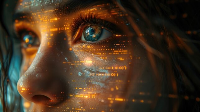 A woman's face is covered in a glowing orange code. Her eye is blue and her skin is pale. She is looking at the viewer with a serious expression. The image is set in a dark background.