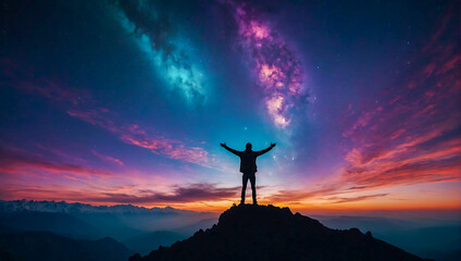 A lone person stands on top of a big mountain with hands towards the sky as to celebrate their achievement