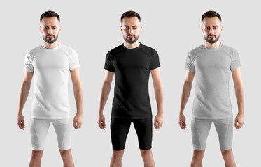 Mockup of a white, black, heather t-shirt on a sports man, compression underwear for design,...