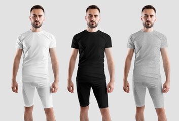 Mockup of white, black, heather compensation suit on bearded man, t-shirt, shorts, isolated on...