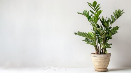 Zamioculcas indoor plant displayed against a white backdrop