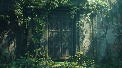 Ancient temple doors, weathered and overgrown with vines, slowly creaking open to reveal an unknown...