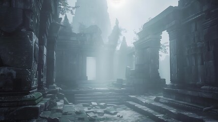 Ancient temple ruins shrouded in a thick fog, creating an atmosphere of mystery and intrigue